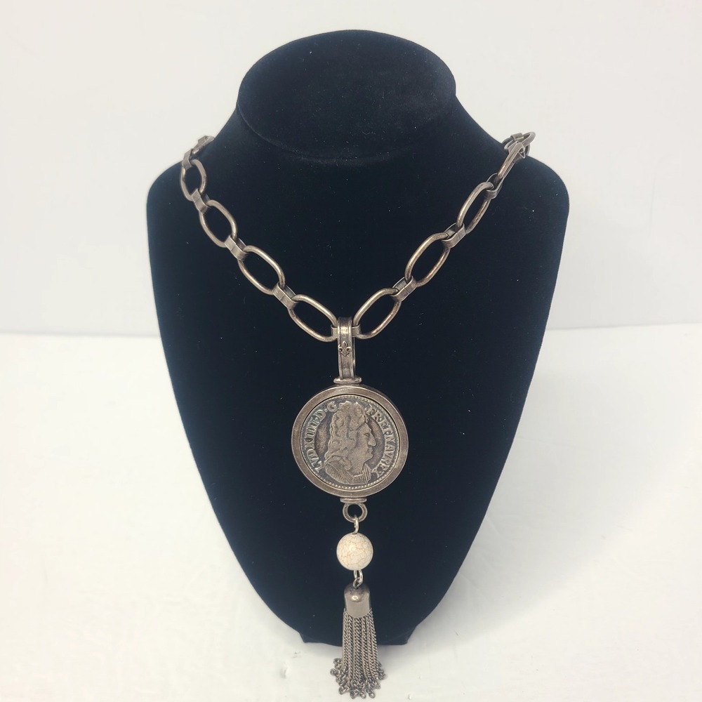 French Kande Silver Tone Necklace Louis XIV Coin Medallion & White‎ Bead Tassel